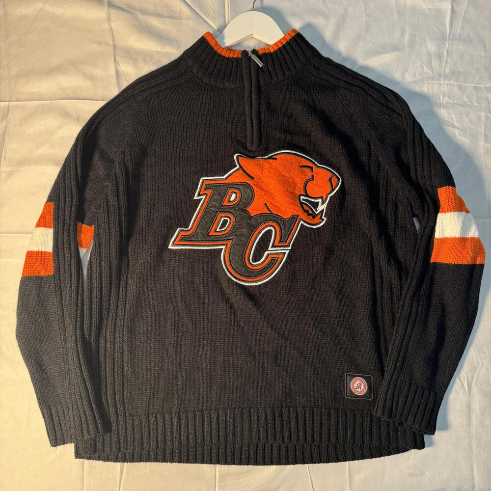 CFL BC Lions Quarter Zip Sweater Black Acrylic Sz L Knit Logo SOGO 2000s